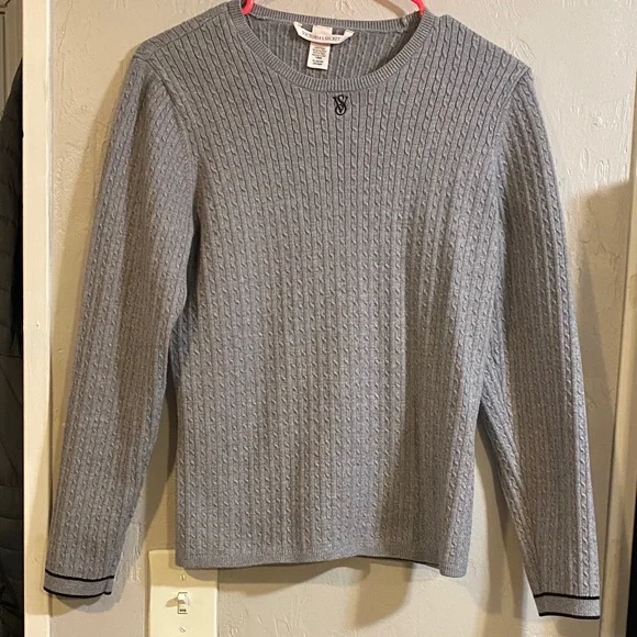 Victoria Secret Light Gray Cable Crewneck Sweater with Contrast Trim - Picture 1 of 3